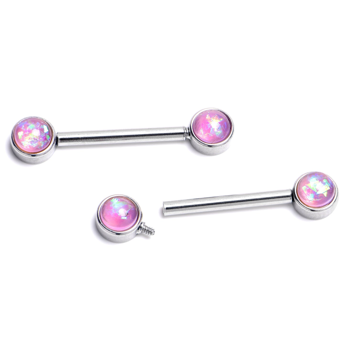 14G 9/16 Pink Faux Opal Internally Threaded Barbell Nipple Ring Set