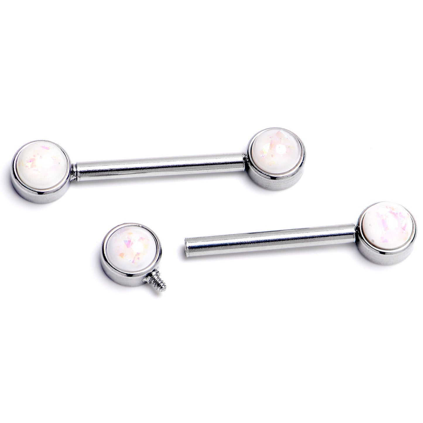 14G 9/16 White Faux Opal Internally Threaded Barbell Nipple Ring Set