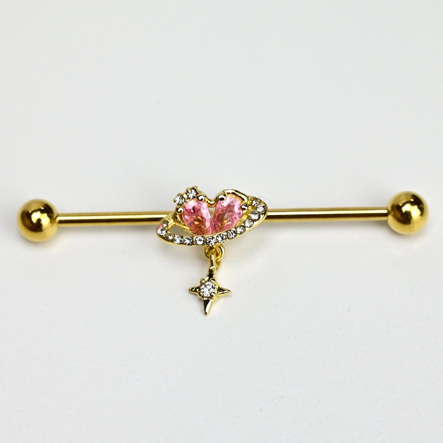 14G Clear Pink Gem Gold Tone Circle Heart Industrial Barbell 38mm