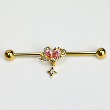 14G Clear Pink Gem Gold Tone Circle Heart Industrial Barbell 38mm