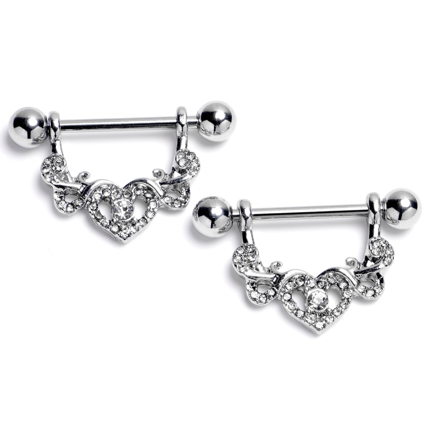 14G 9/16 Clear Gem Ornate Hearts Dangle Nipple Ring Set