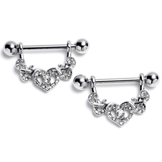 14G 9/16 Clear Gem Ornate Hearts Dangle Nipple Ring Set