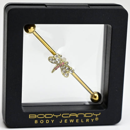 14G Pink Clear Gem Gold Tone Dragonfly Industrial Barbell 38mm