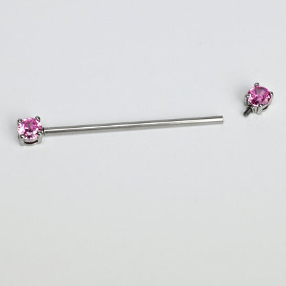 14G Pink Gem Forward Facing Internally Threaded Industrial Barbell 38mm