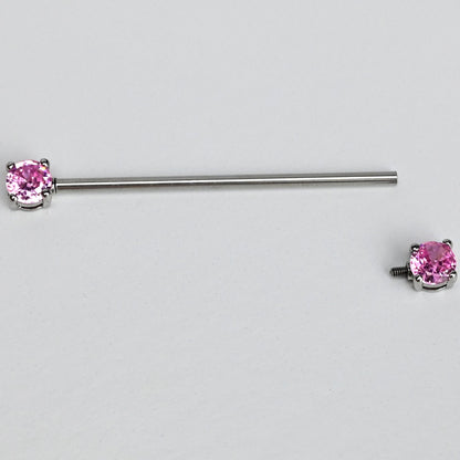 14G Pink Gem Forward Facing Internally Threaded Industrial Barbell 38mm