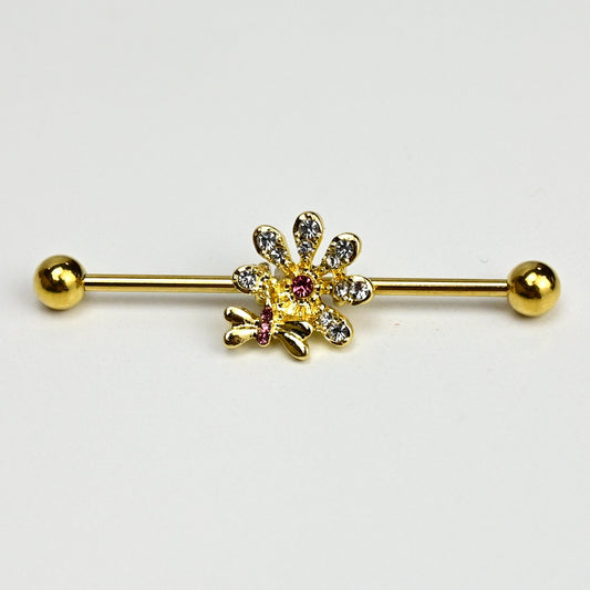 14G Clear Gem Gold Tone Classic Bee Flower Industrial Barbell 38mm