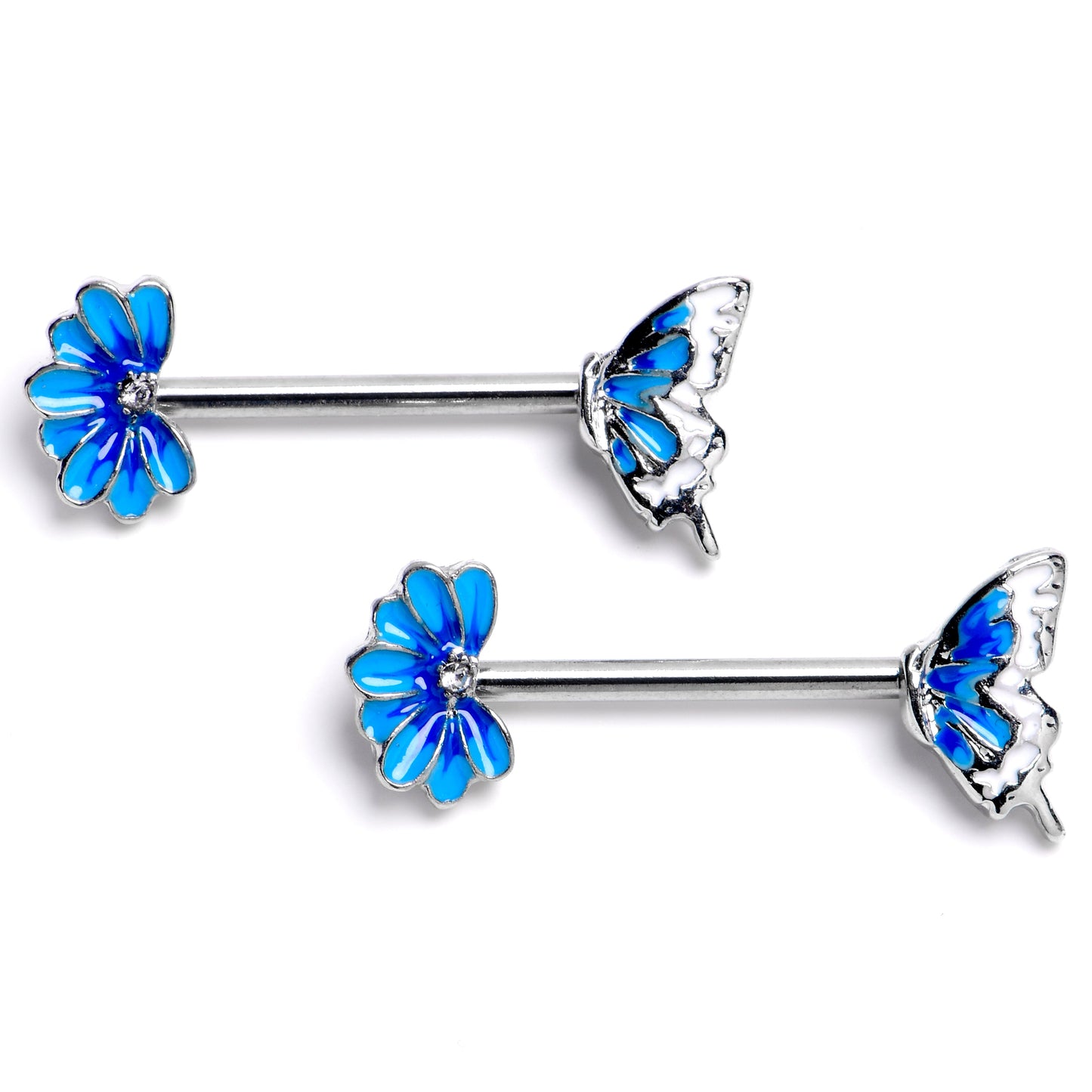 14G 9/16 Clear CZ Gem Butterfly Blossom Blue Barbell Nipple Ring Set