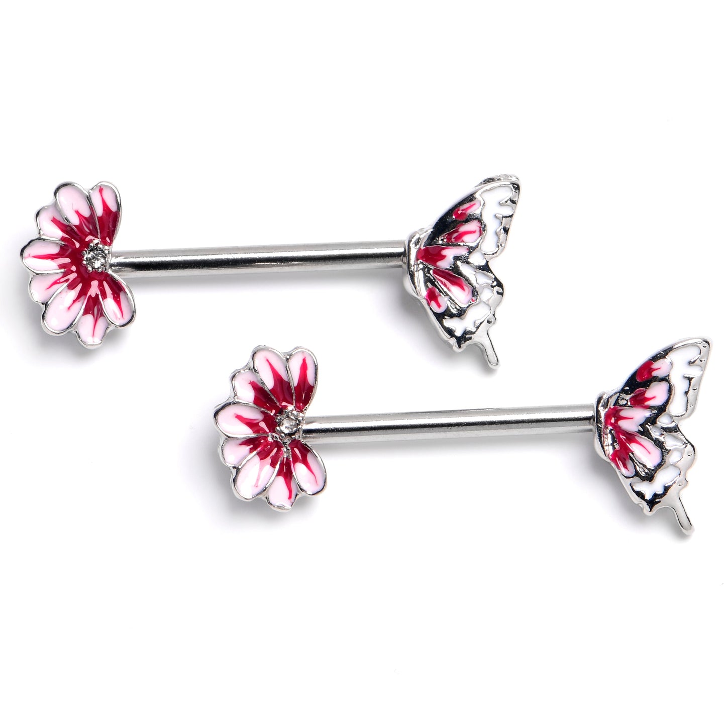 14G 9/16 Clear CZ Gem Butterfly Blossom Pink Barbell Nipple Ring Set
