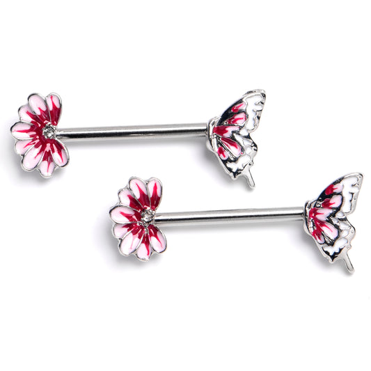 14G 9/16 Clear CZ Gem Butterfly Blossom Pink Barbell Nipple Ring Set