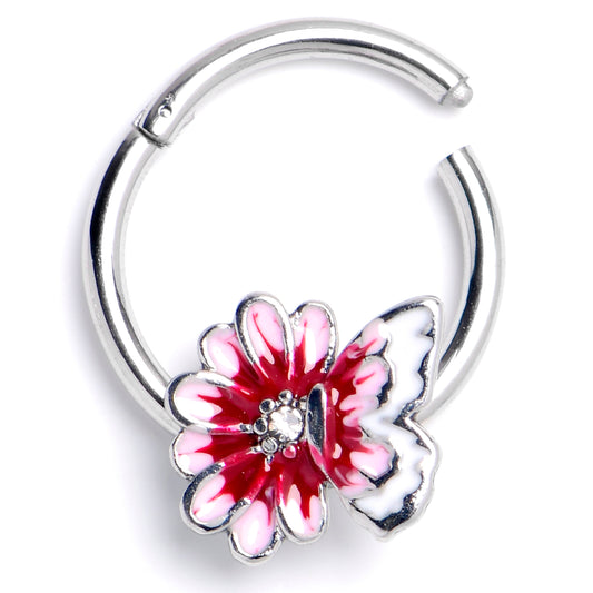 16G 3/8 Clear CZ Gem Butterfly Blossom Pink Hinged Segment Ring