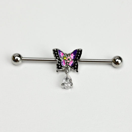 14G Clear Gem Colorful Butterfly Dangle Industrial Barbell 38mm