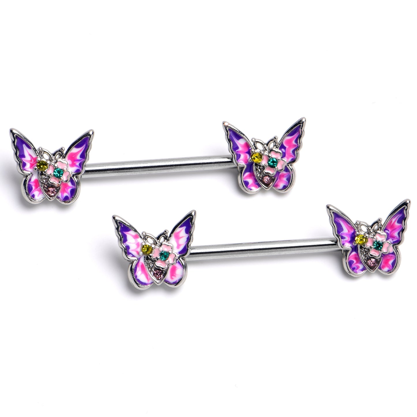 14G 9/16 Yellow Green Gem Exotic Butterflies Barbell Nipple Ring Set