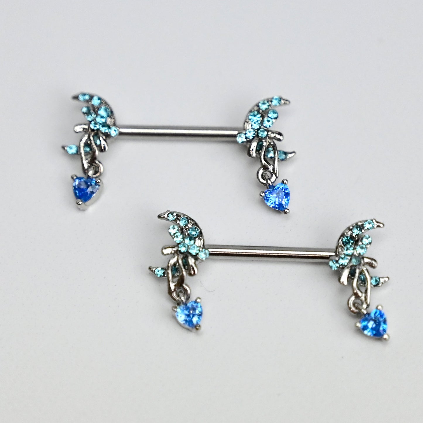 14G 9/16 Blue Gem Moon Bow Heart Dangle Nipple Ring Set