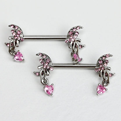 14G 9/16 Pink Gem Moon Bow Heart Dangle Nipple Ring Set