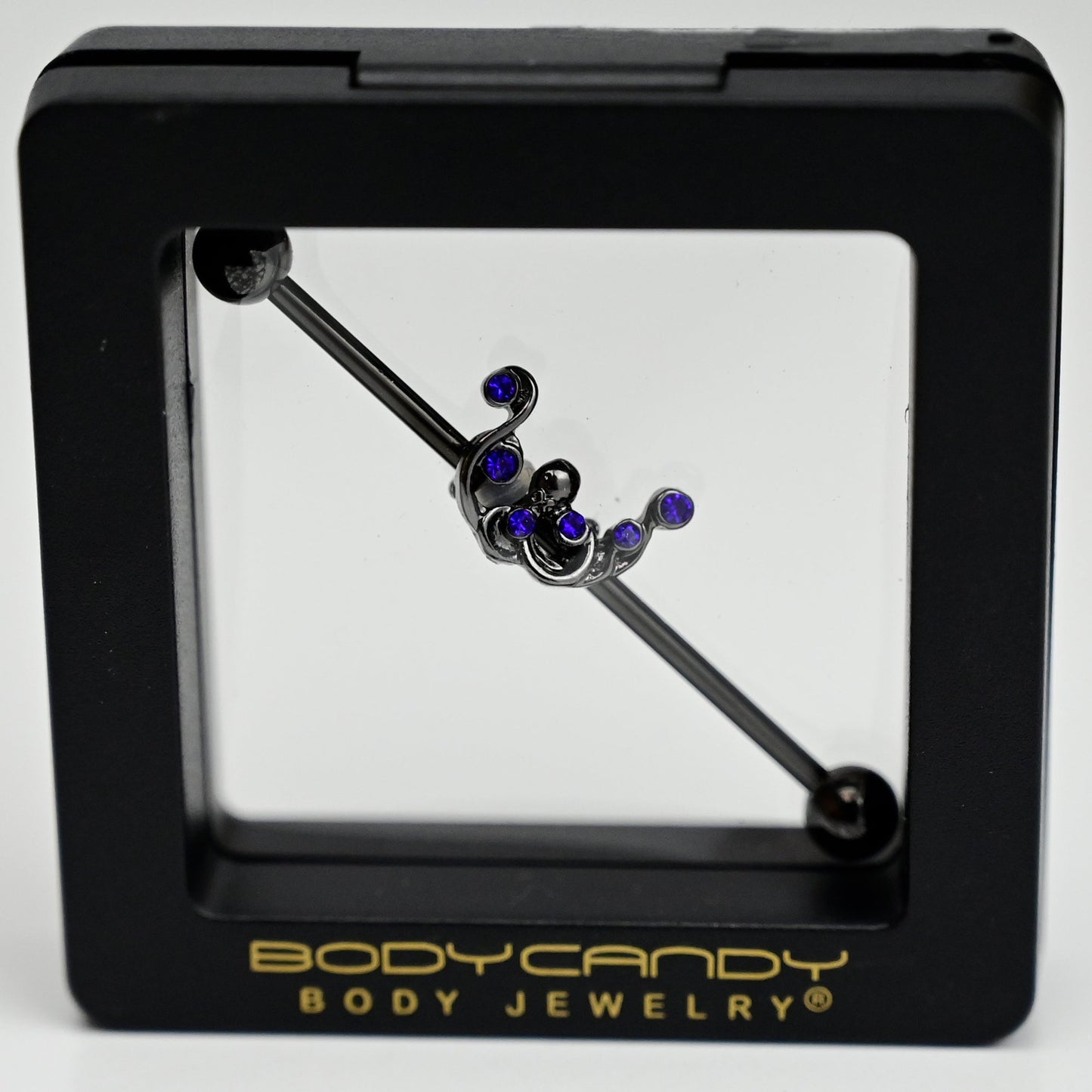 14G Blue Gem Black Scrolling Elegance Industrial Barbell 38mm