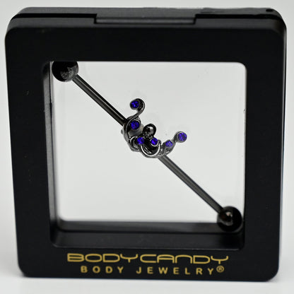 14G Blue Gem Black Scrolling Elegance Industrial Barbell 38mm
