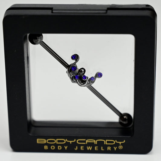 14G Blue Gem Black Scrolling Elegance Industrial Barbell 38mm