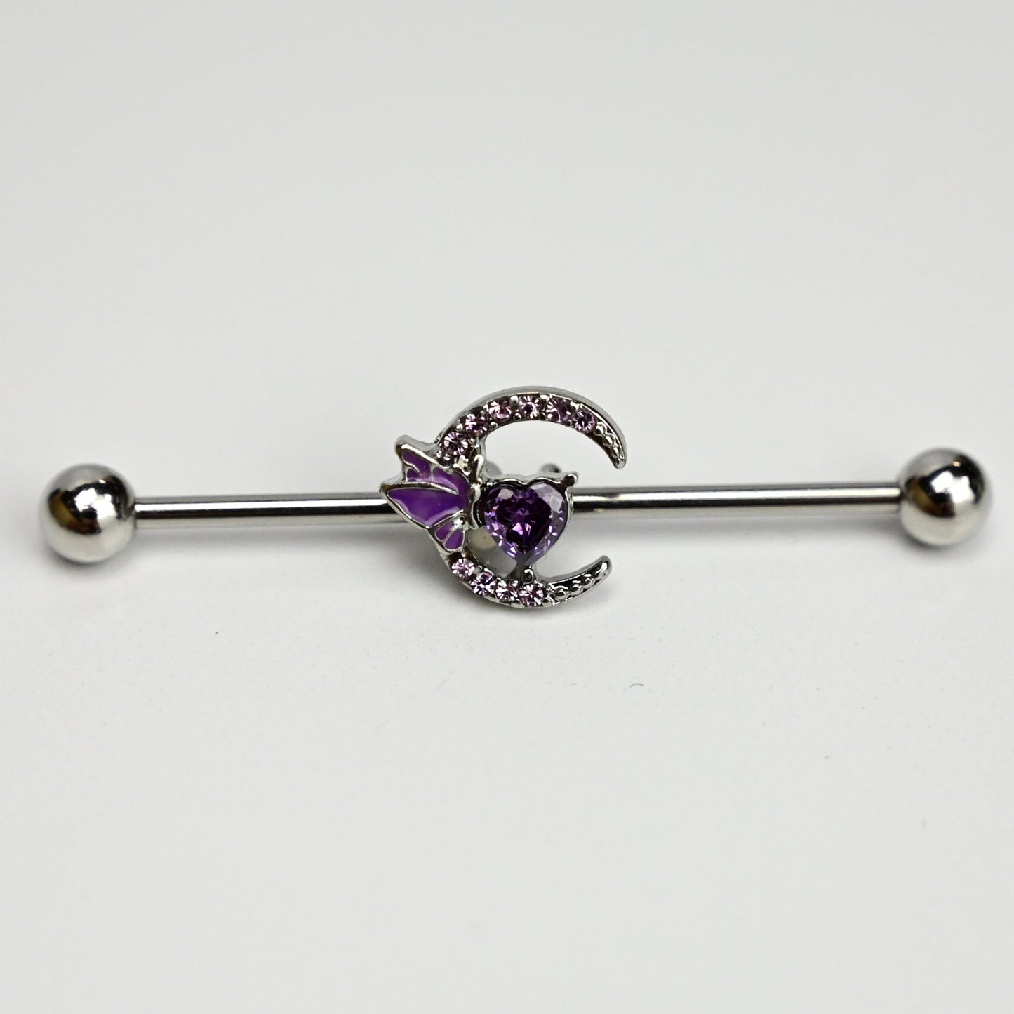 14G Purple Gem Moon Butterfly Heart Industrial Barbell 38mm