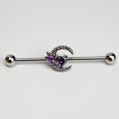 14G Purple Gem Moon Butterfly Heart Industrial Barbell 38mm