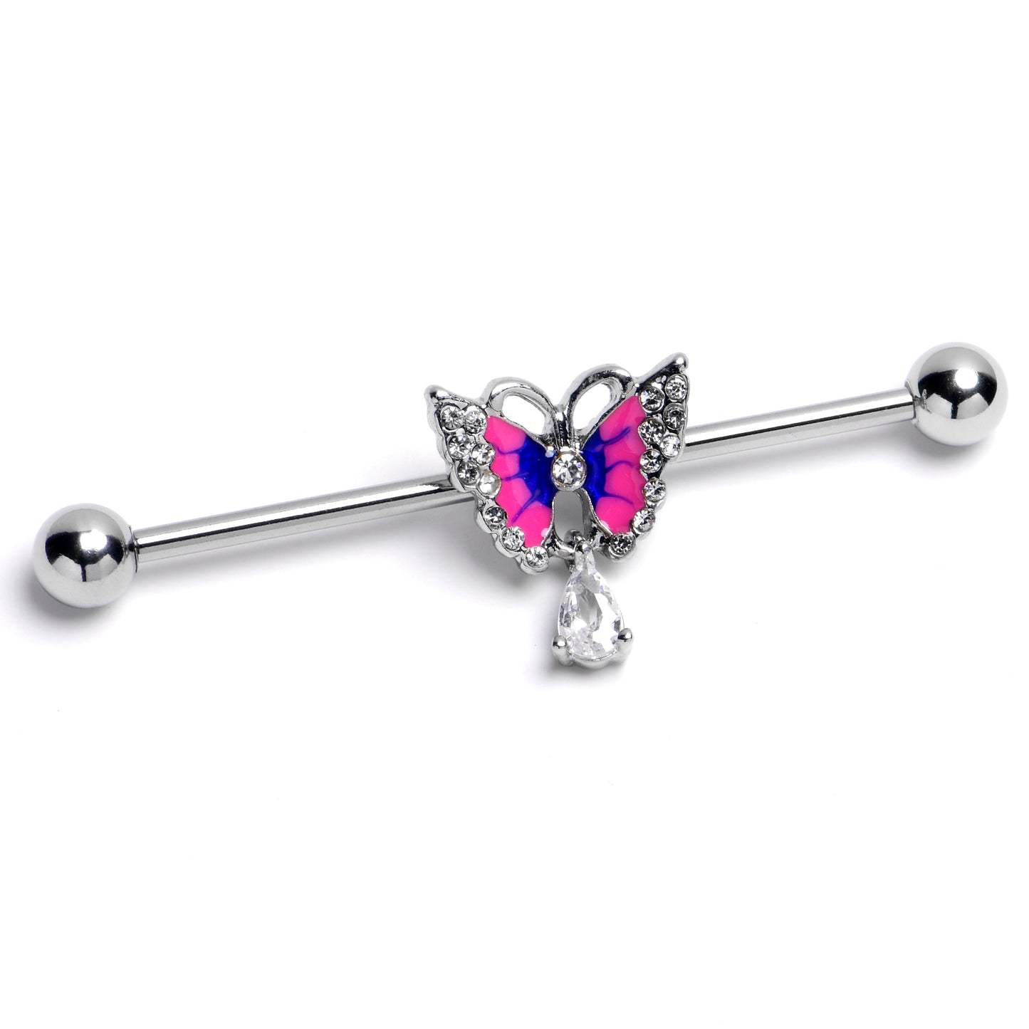 14G Clear Gem Butterfly Pink Blue Dangle Industrial Barbell 38mm