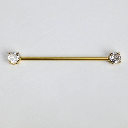 14G Clear Gem Gold Tone Internally Threaded Industrial Barbell 38mm