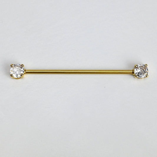 14G Clear Gem Gold Tone Internally Threaded Industrial Barbell 38mm