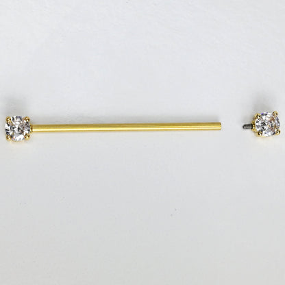 14G Clear Gem Gold Tone Internally Threaded Industrial Barbell 38mm