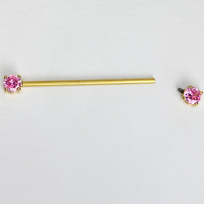 14G Pink Gem Gold Tone Internally Threaded Industrial Barbell 38mm