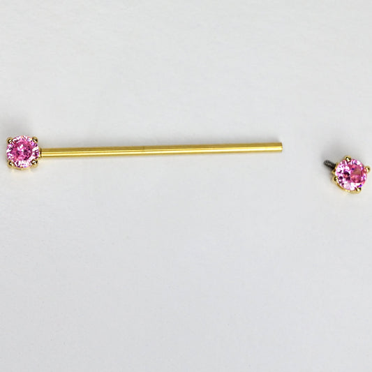 14G Pink Gem Gold Tone Internally Threaded Industrial Barbell 38mm