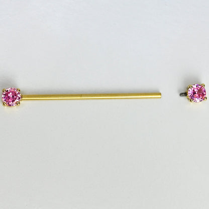 14G Pink Gem Gold Tone Internally Threaded Industrial Barbell 38mm