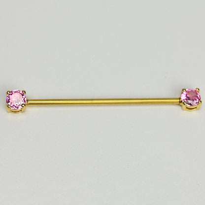 14G Pink Gem Gold Tone Internally Threaded Industrial Barbell 38mm