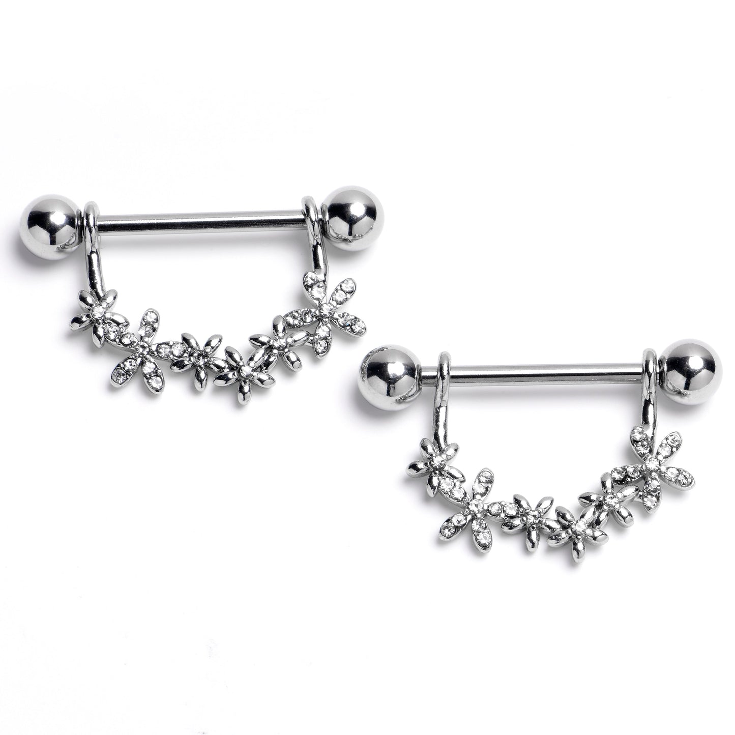 14G 9/16 Clear Gem Flower Chain Dangle Nipple Ring Set