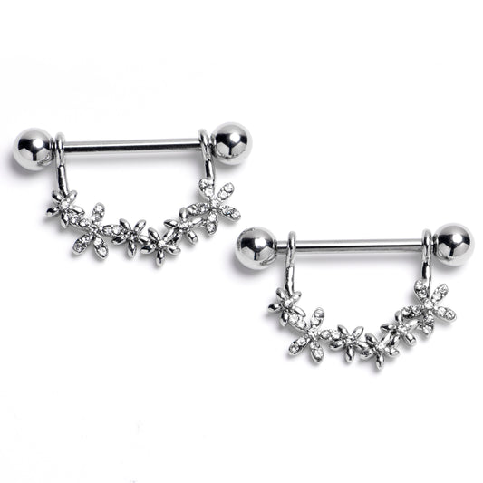 14G 9/16 Clear Gem Flower Chain Dangle Nipple Ring Set