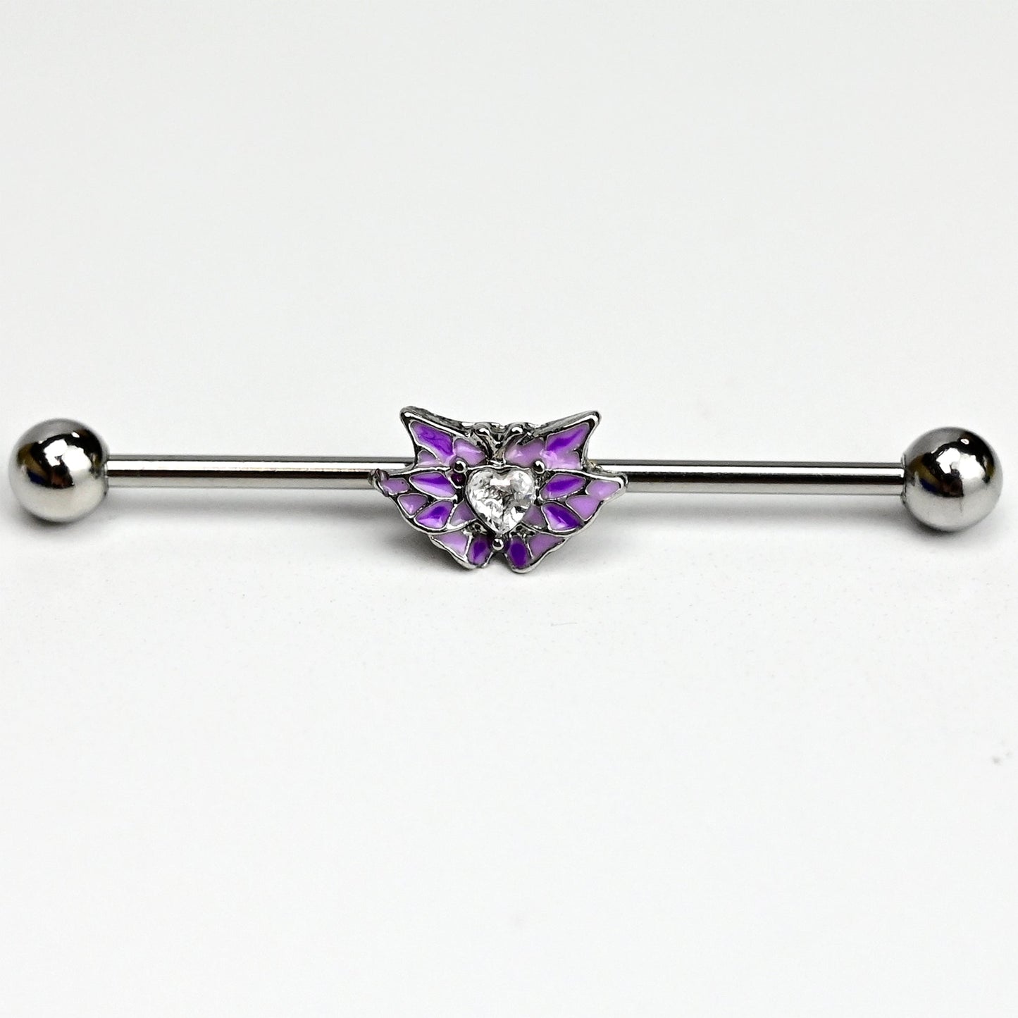14G Clear Gem Heart Butterfly Purple Wings Industrial Barbell 38mm