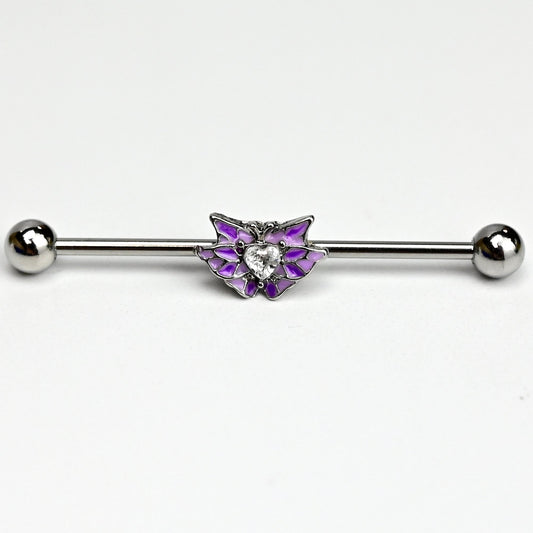 14G Clear Gem Heart Butterfly Purple Wings Industrial Barbell 38mm