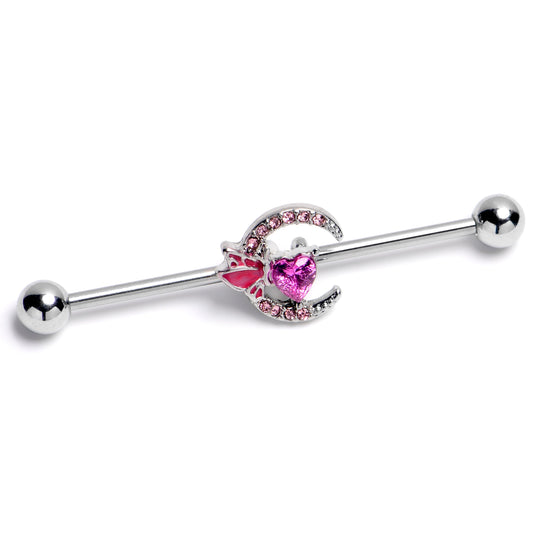 14G Pink Gem Butterfly Heart Moon Industrial Barbell 38mm