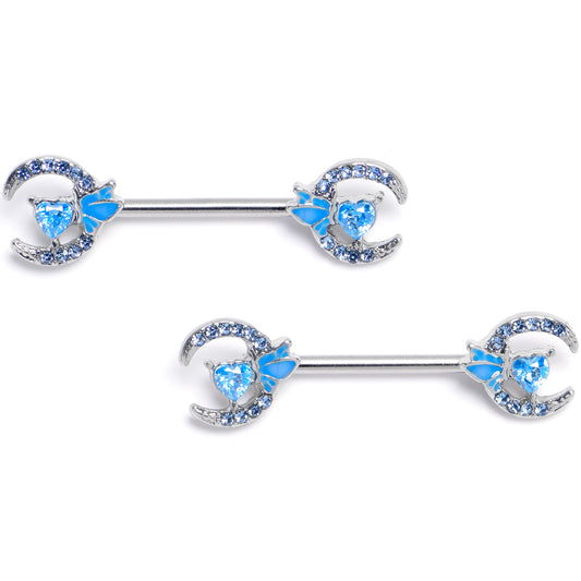 14G 9/16 Blue Gem Butterfly Heart Moon Barbell Nipple Ring Set