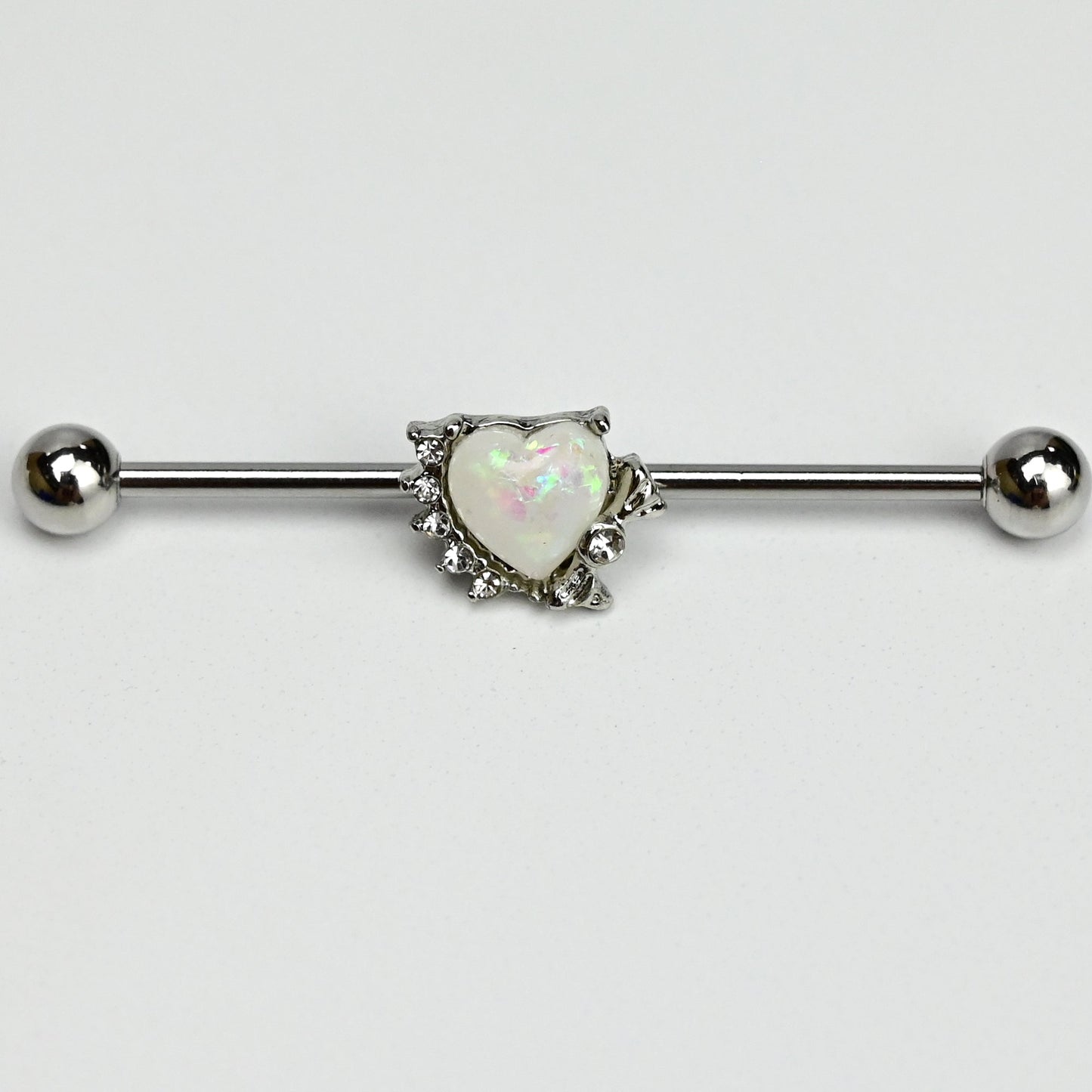 14G White Faux Opal Sunny Heart Industrial Barbell 38mm