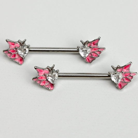14G 9/16 Clear Gem Heart Butterfly Pink Barbell Nipple Ring Set
