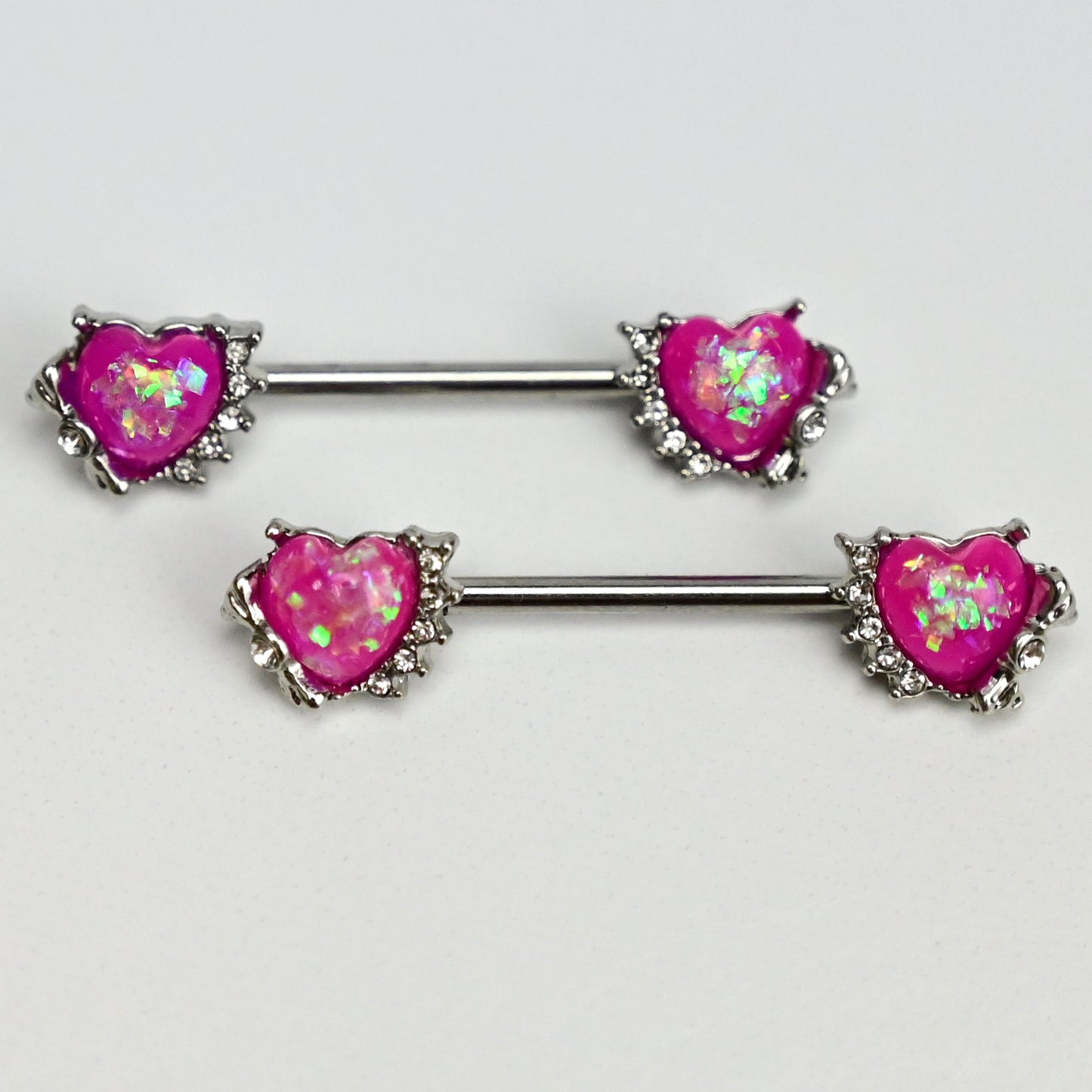 14G 9/16 Pink Faux Opal Sun Heart Barbell Nipple Ring Set