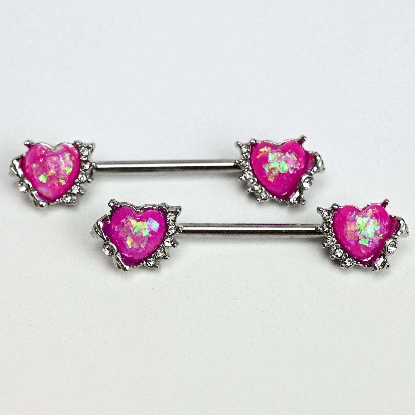14G 9/16 Pink Faux Opal Sun Heart Barbell Nipple Ring Set