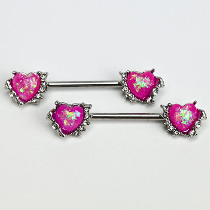 14G 9/16 Pink Faux Opal Sun Heart Barbell Nipple Ring Set