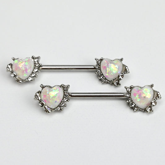 14G 9/16 White Faux Opal Sun Heart Barbell Nipple Ring Set