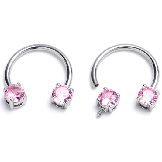 14G 9/16 Pink CZ Gem Internally Threaded Horseshoe Nipple Ring Set