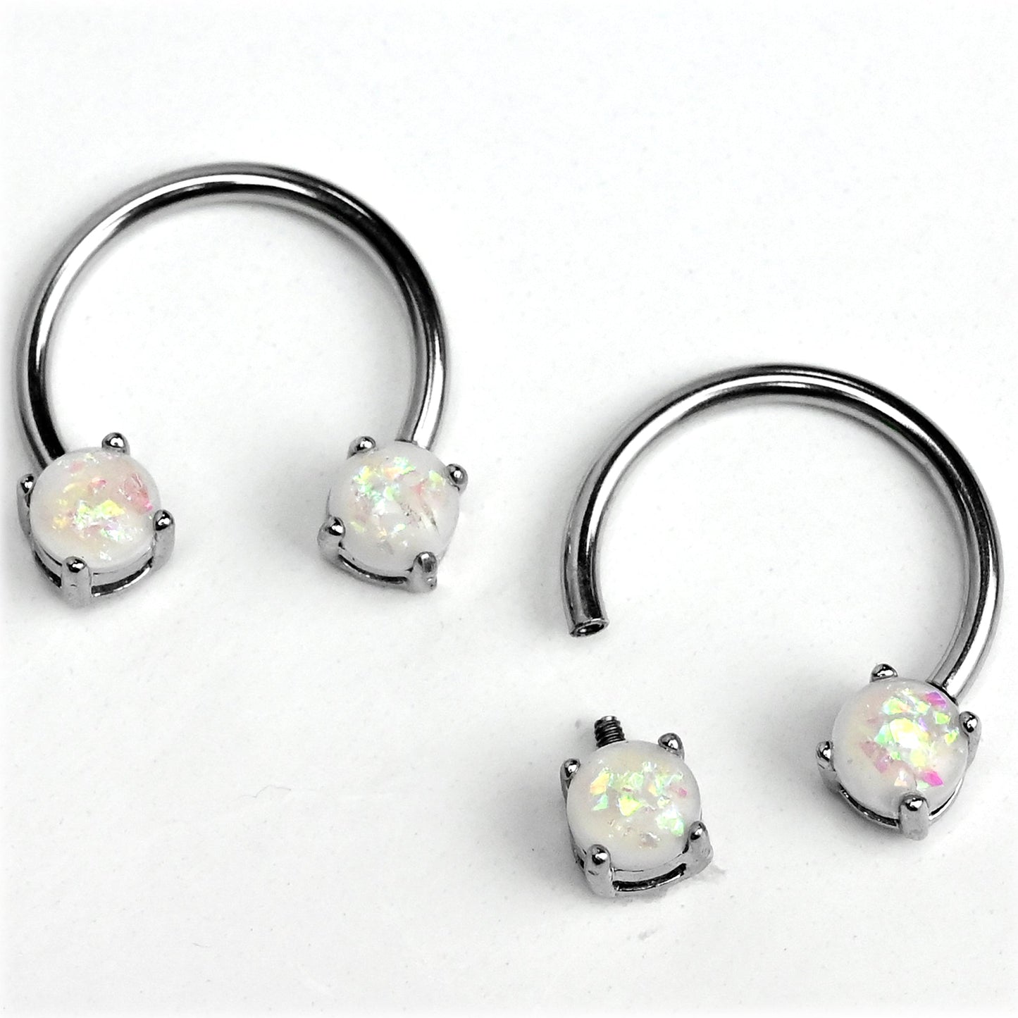 14G 9/16 White Faux Opal Internally Threaded Horseshoe Nipple Ring Set