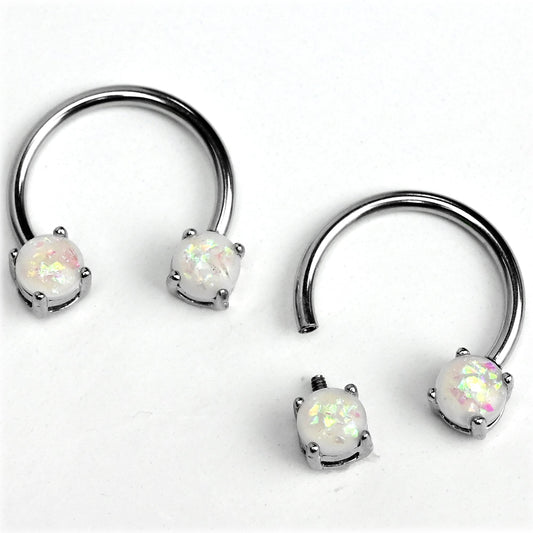 14G 9/16 White Faux Opal Internally Threaded Horseshoe Nipple Ring Set