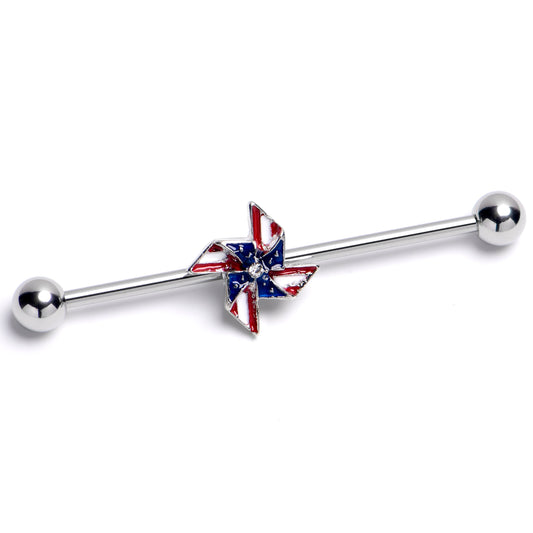 14G Clear Gem Festive Patriot Pinwheel Industrial Barbell 38mm