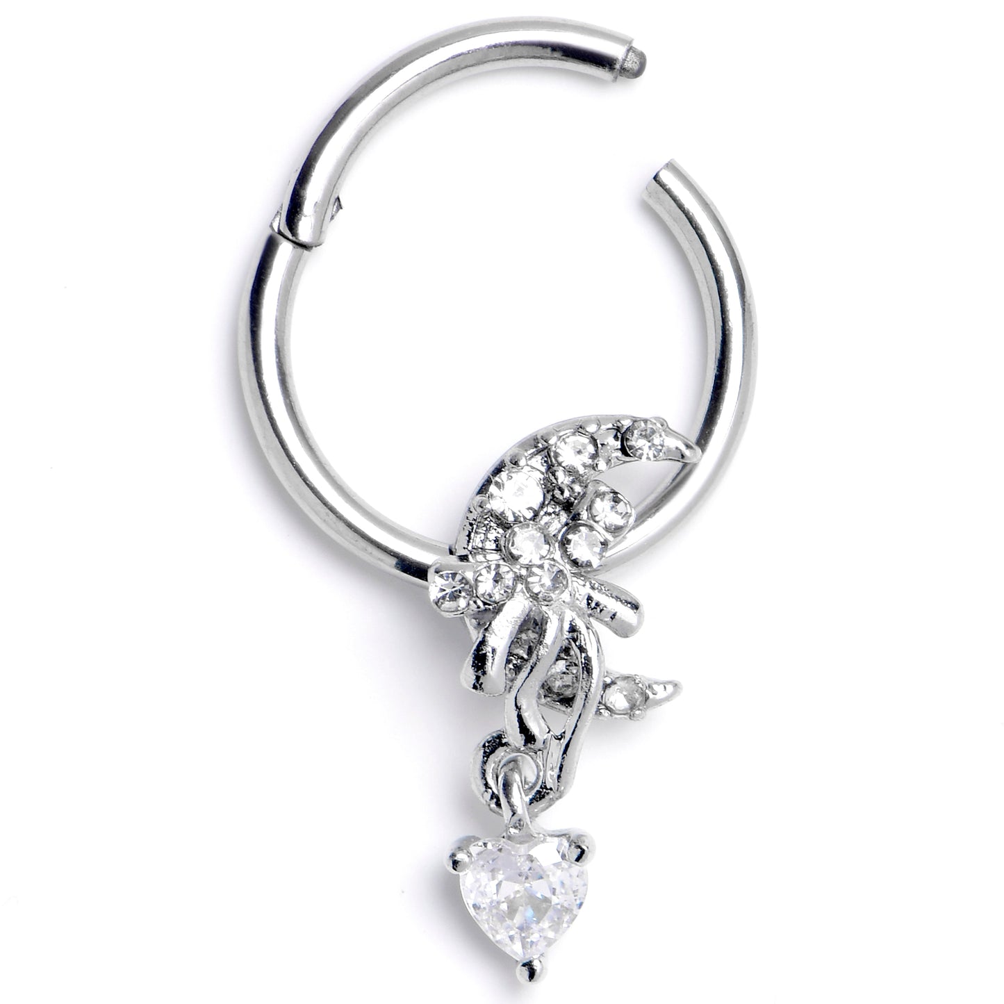 16G Clear CZ Gem Moon Bow Heart Dangle Hinged Segment Ring