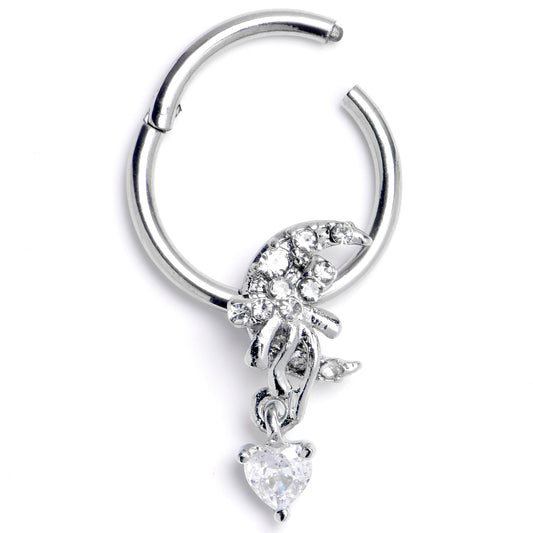 16G Clear CZ Gem Moon Bow Heart Dangle Hinged Segment Ring