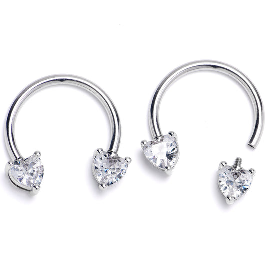 14G 9/16 Clear CZ Gem Heart Internally Threaded Horseshoe Set